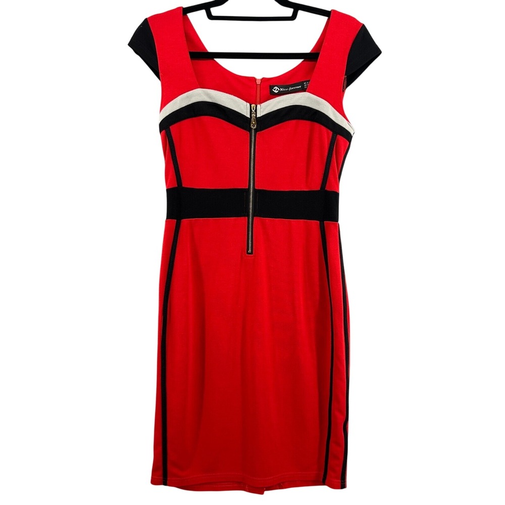 Nice-forever Bodycon Dress Color Block Zipper‎ Front Career Party M